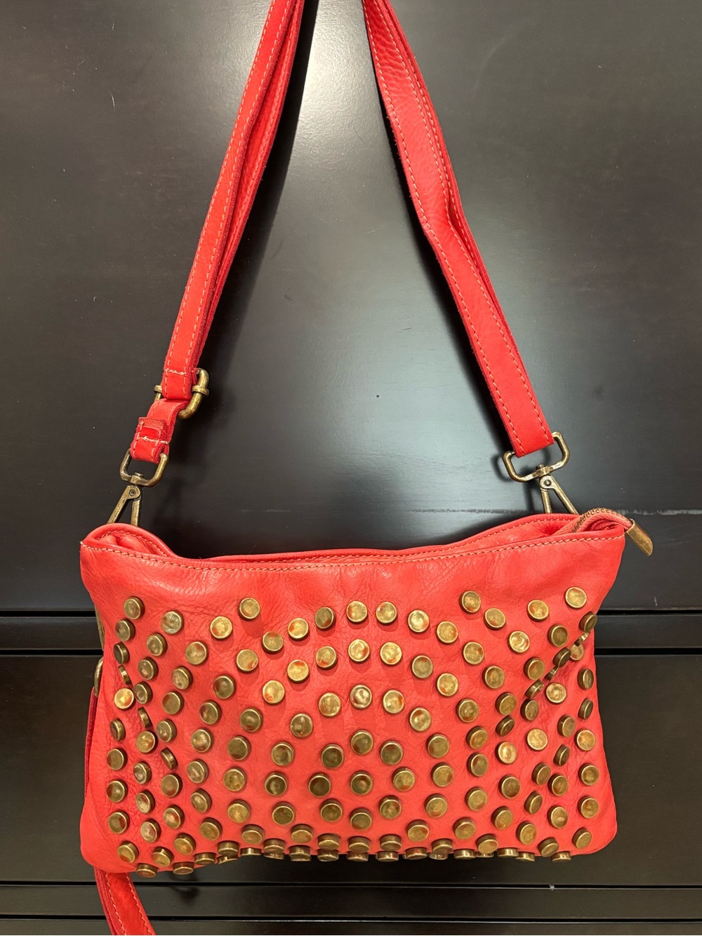 Vera Pelle Red Studded Leather Shoulder Bag